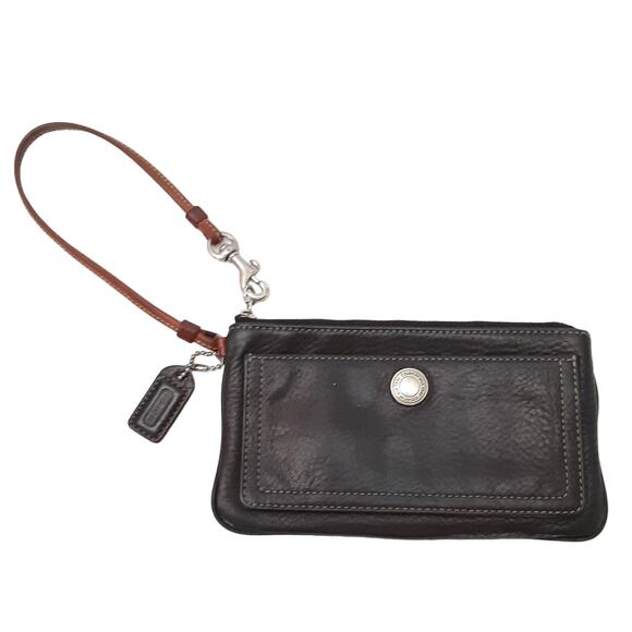 Coach Wristlet Black Pebble Leather Cognac Brown Strap Vintage Clutch Old Money - Picture 1 of 10
